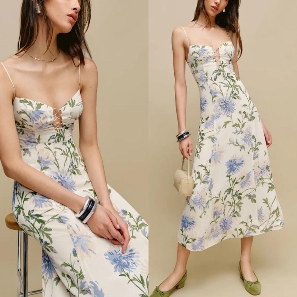 Reformation Emely Dress Midi Length Serenity Ivory Lilac Floral Lace Up French - Picture 2 of 11